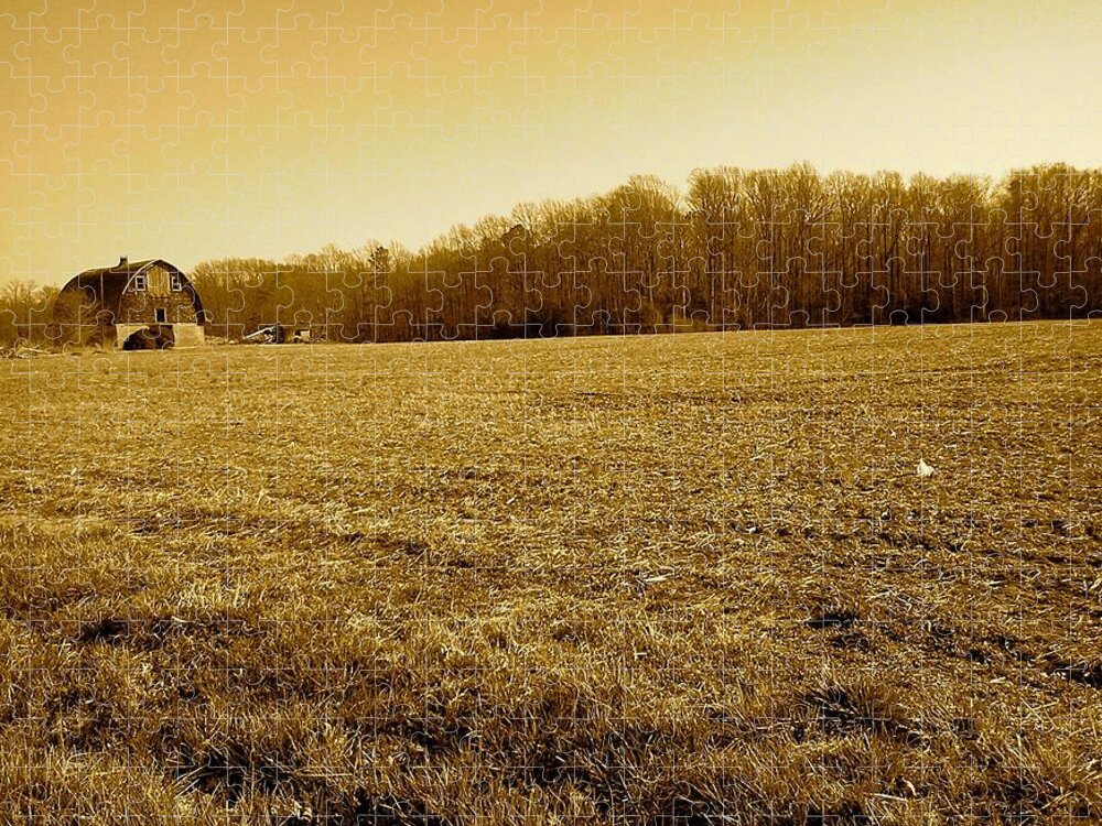 Farm Jigsaw Puzzle featuring the photograph Farm Field With Old Barn in Sepia by Chris W Photography AKA Christian Wilson