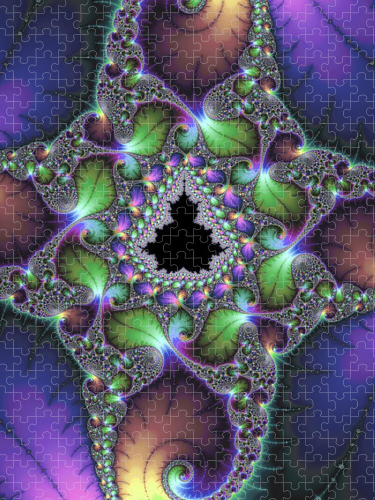 Green Jigsaw Puzzle featuring the digital art Fascinating Fractal art jewel colors vertical format by Matthias Hauser
