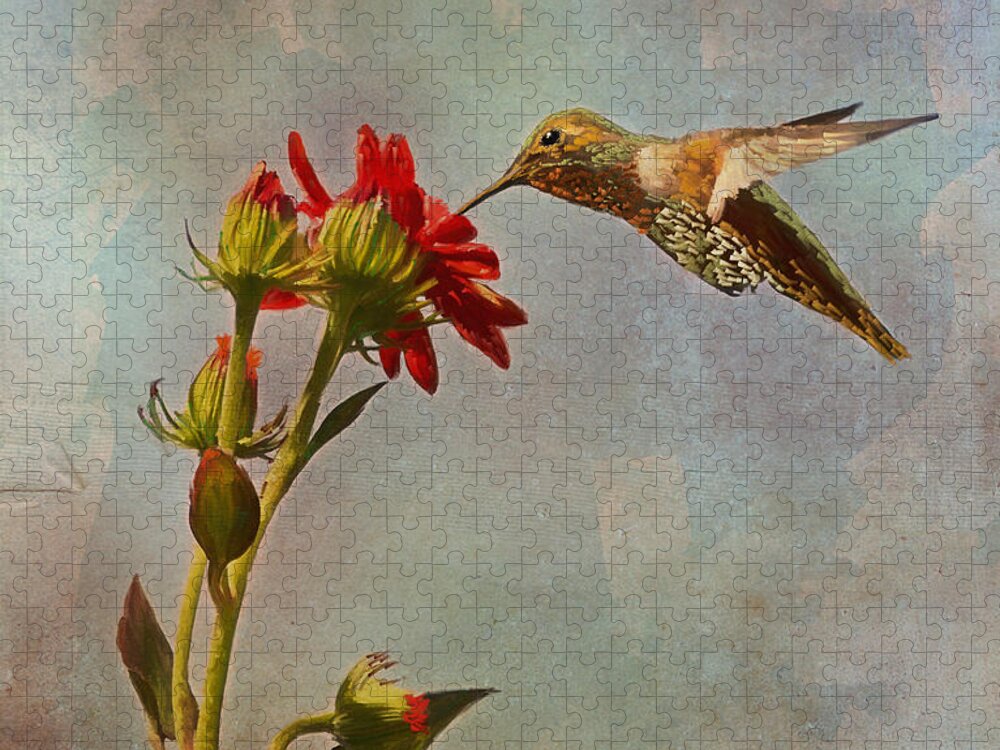 Hummingbird Jigsaw Puzzle featuring the painting Feeding Hummingbird by Angela Stanton