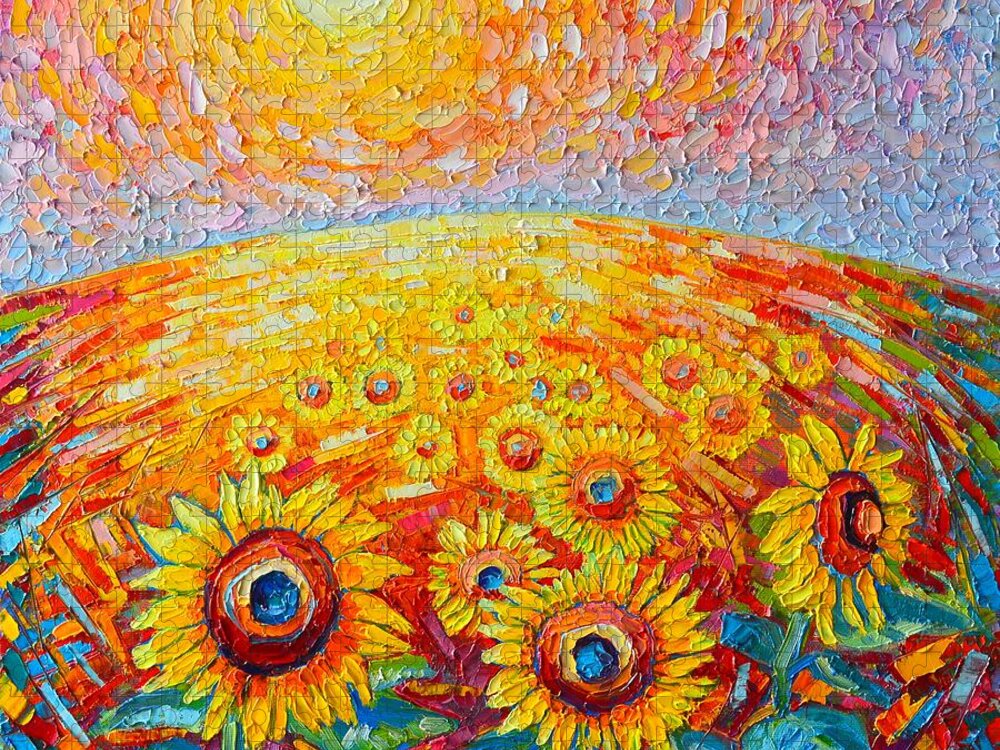 Sunflower Jigsaw Puzzle featuring the painting Fields Of Gold - Abstract Landscape With Sunflowers In Sunrise by Ana Maria Edulescu