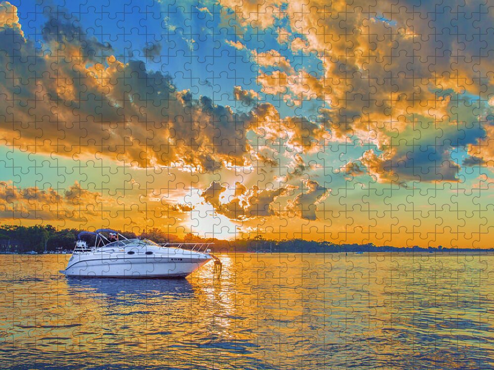 Sunset Jigsaw Puzzle featuring the photograph Fiery Sunset On Lake Minnetonka by Bill and Linda Tiepelman