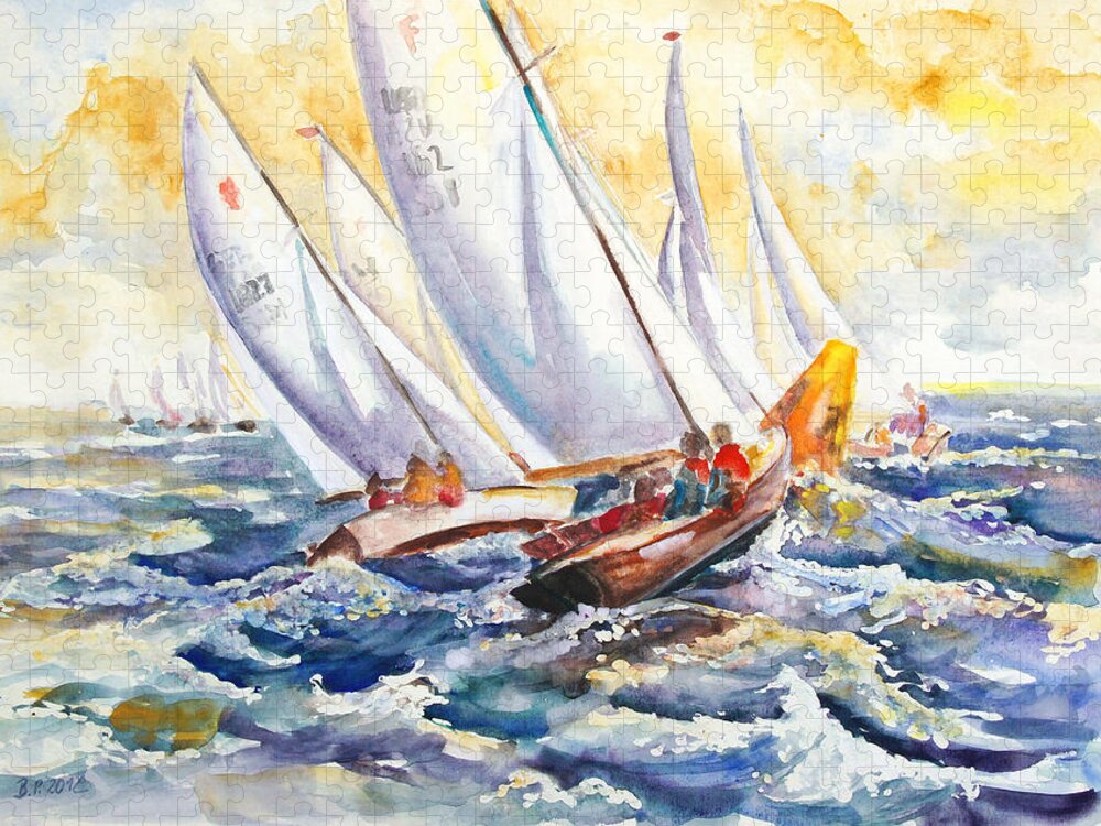 Folkboat Jigsaw Puzzle featuring the painting Fight At The Mark - Folkboats Tacking by Barbara Pommerenke