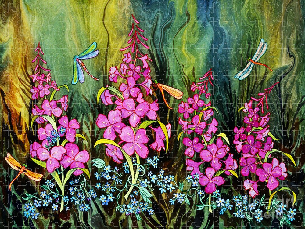 Fireweed And Dragonflies Jigsaw Puzzle featuring the painting Fireweed and Dragonflies by Teresa Ascone