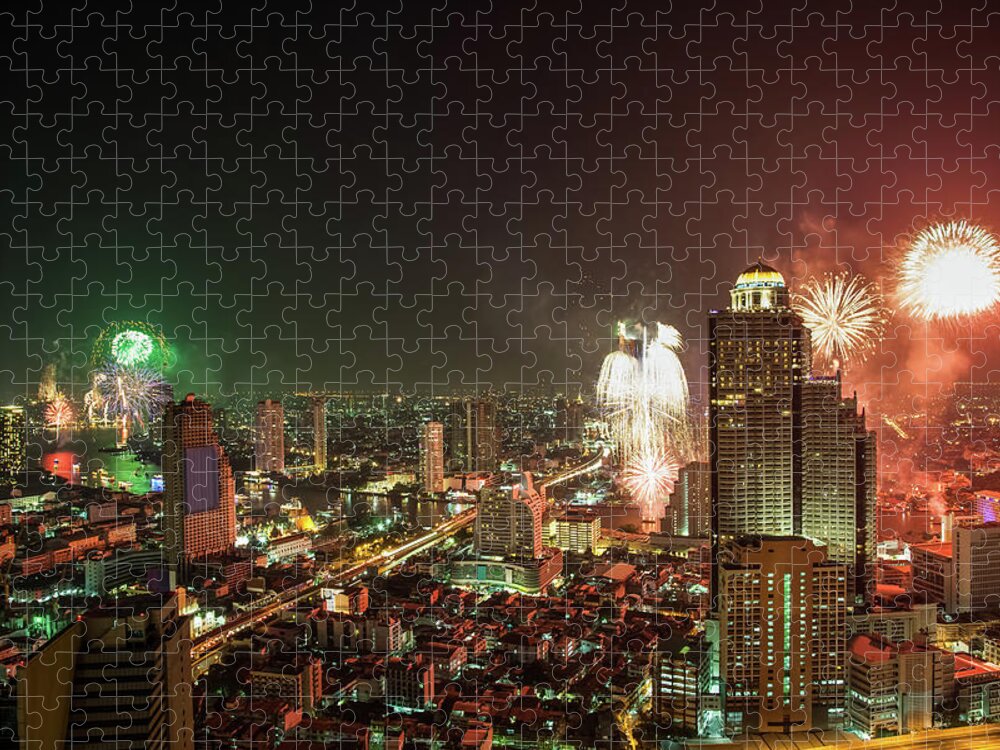 Southeast Asia Jigsaw Puzzle featuring the photograph Fireworks In Bangkok Cityscape by Fototrav