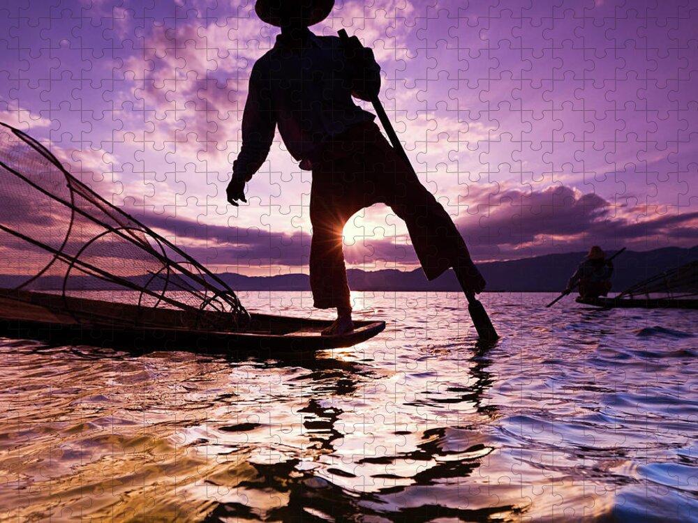 Working Jigsaw Puzzle featuring the photograph Fisherman On Inle Lake, Myanmar by Hadynyah