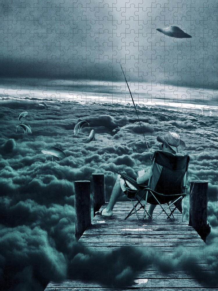 Marian Voicu Jigsaw Puzzle featuring the digital art Fishing Above the Clouds by Marian Voicu