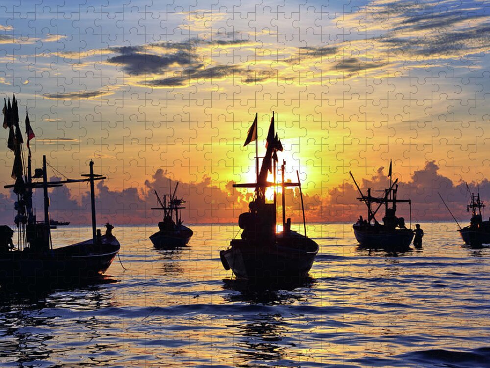 Outdoors Jigsaw Puzzle featuring the photograph Fishing Boats In Hua Hin by Monthon Wa