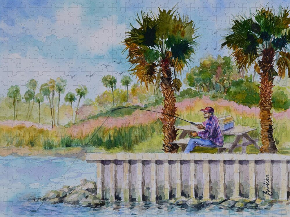 River Jigsaw Puzzle featuring the painting Fishing on the Peir by Jyotika Shroff