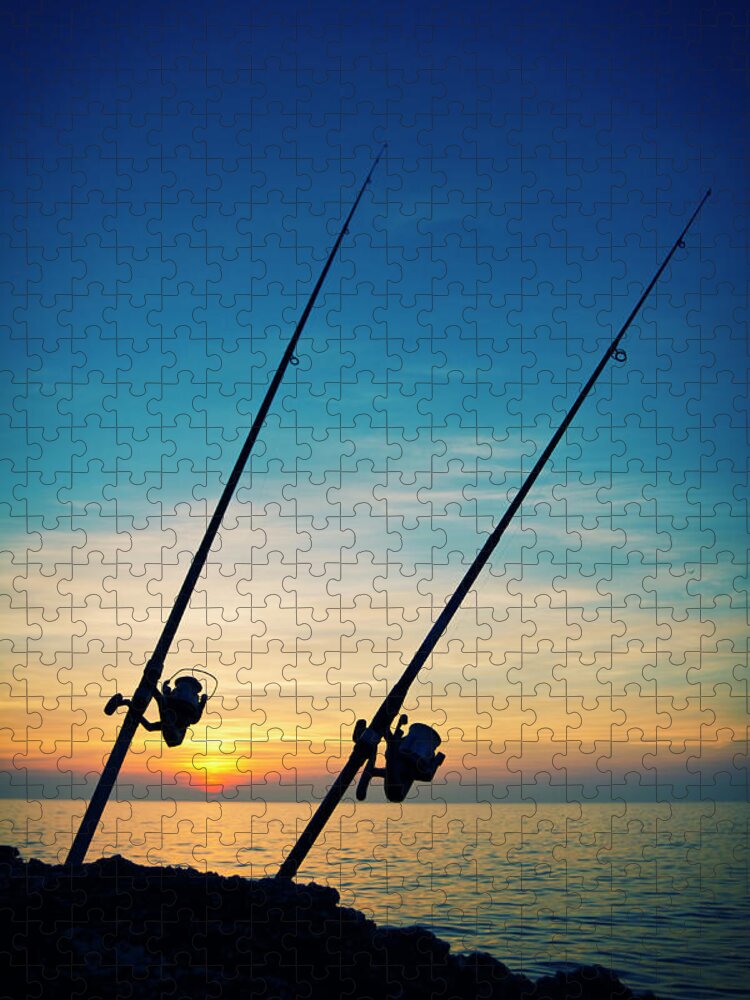 Pole Jigsaw Puzzle featuring the photograph Fishing Rods In The Sunset by Gaspr13
