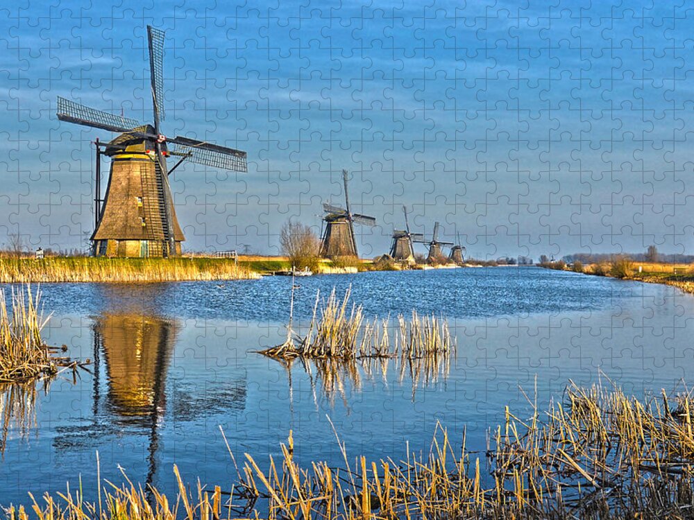 Windmill Jigsaw Puzzle featuring the photograph Five Windmills At Kinderdijk by Frans Blok