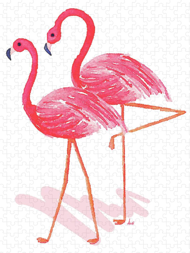 Flamingo Jigsaw Puzzle featuring the painting Flamingo Walk Watercolor II by Andi Metz
