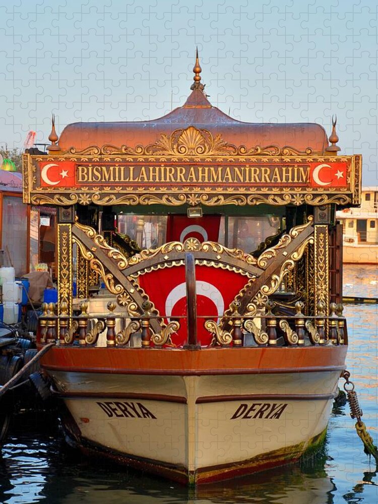 Istanbul Turkey Seafood Boat Flag Sea Dock Moored Cruise Jigsaw Puzzle featuring the photograph Floating sea food restaurant Istanbul Turkey by Imran Ahmed