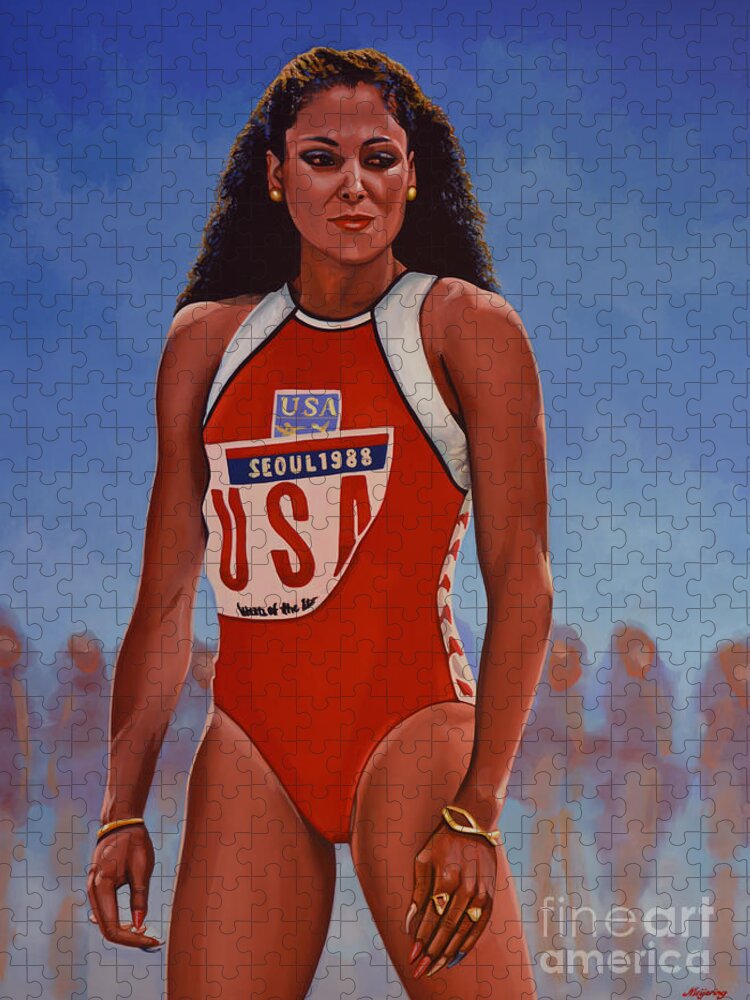 Florence Griffith Jigsaw Puzzle featuring the painting Florence Griffith - Joyner by Paul Meijering