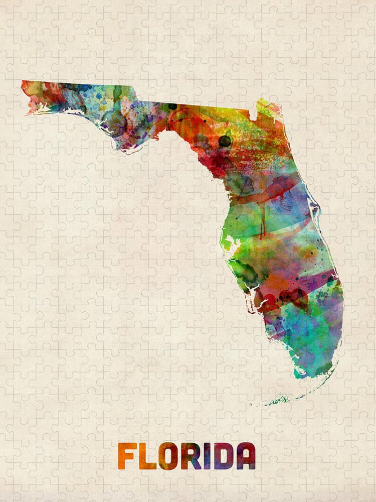 United States Map Jigsaw Puzzle featuring the digital art Florida Watercolor Map by Michael Tompsett