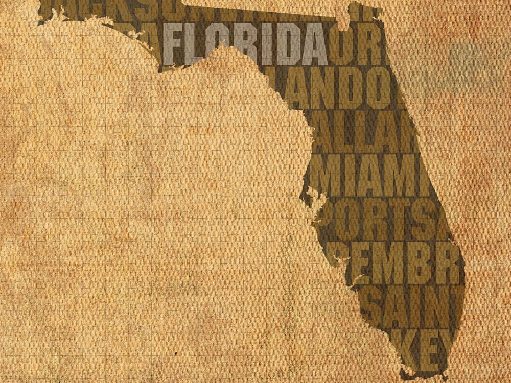 Florida Word Art State Map On Canvas Jigsaw Puzzle featuring the mixed media Florida Word Art State Map on Canvas by Design Turnpike