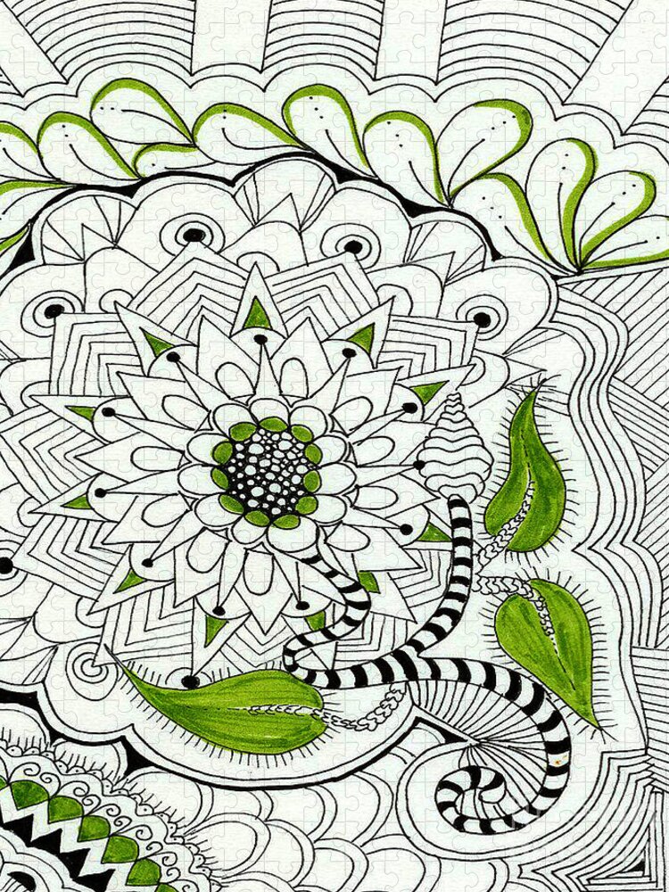 Zentangle Jigsaw Puzzle featuring the mixed media Flower Basket by Ruth Dailey