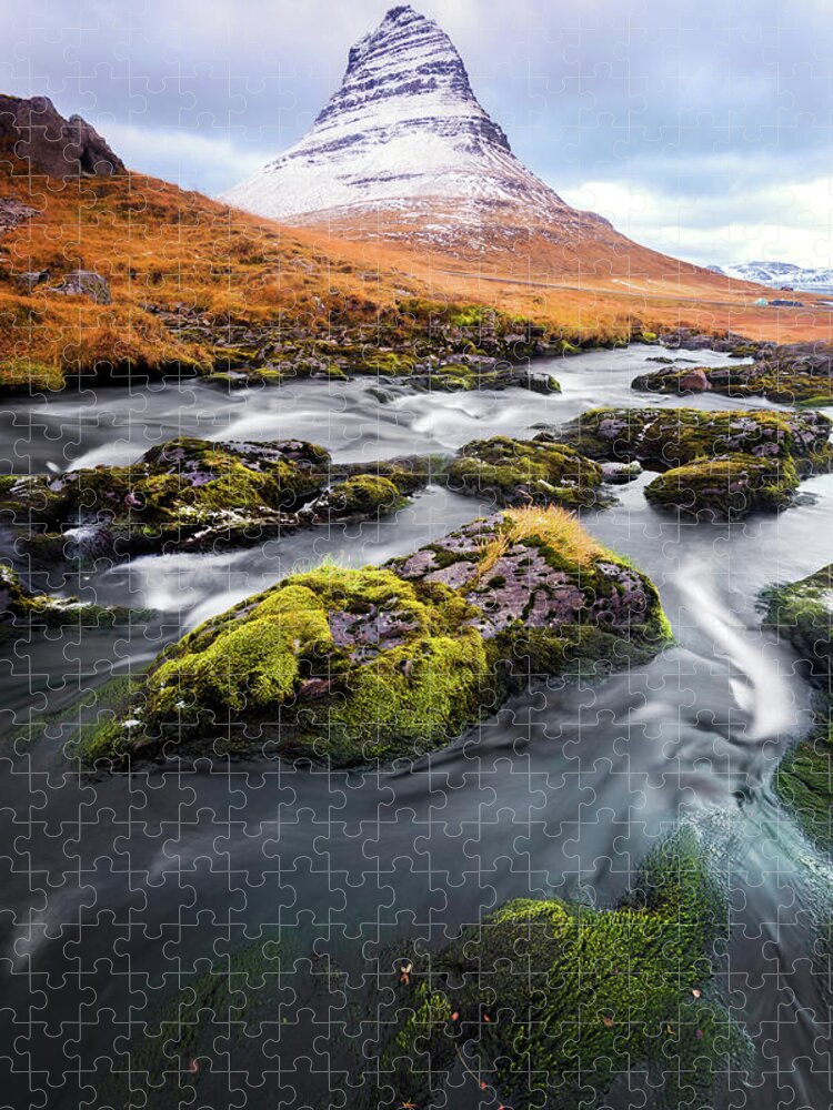 Scenics Jigsaw Puzzle featuring the photograph Flowing To Kirkjufell by Naphakm
