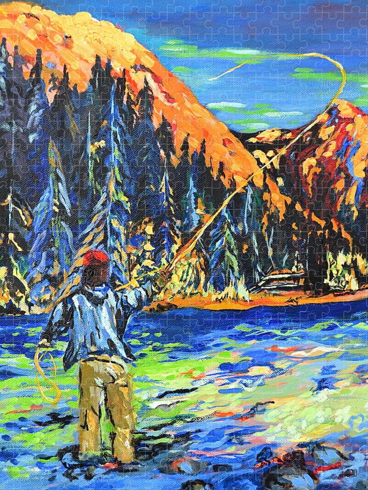 Fisherman Jigsaw Puzzle featuring the painting Fly Fisherman by Gregory Merlin Brown