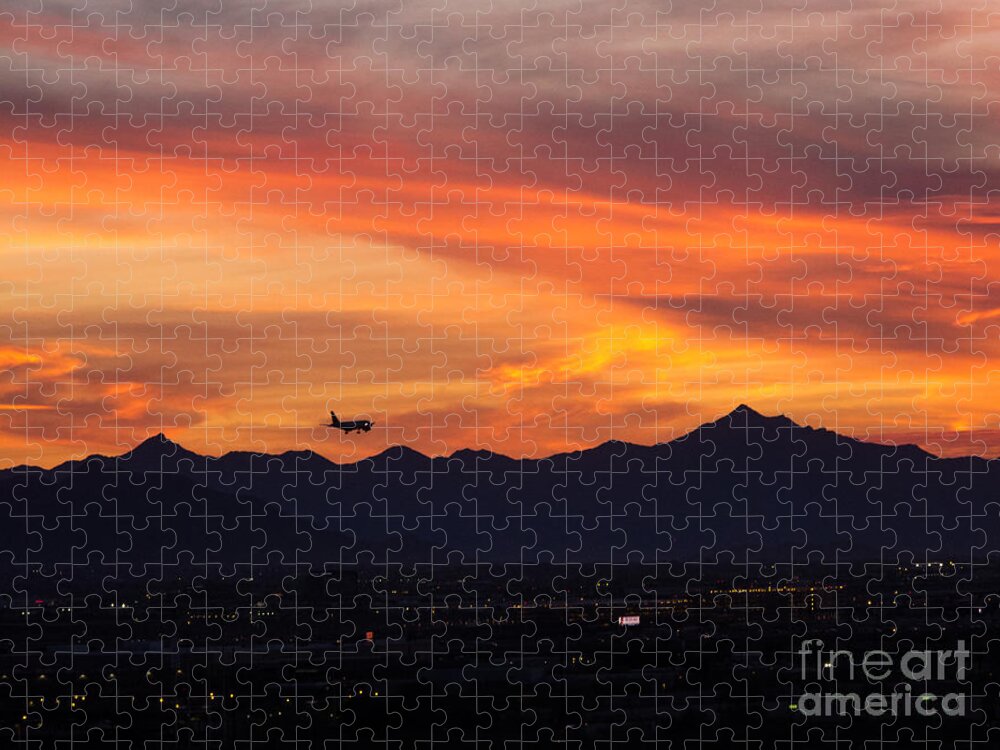 Airliner Jigsaw Puzzle featuring the photograph Flying Into Sunset by Tamara Becker