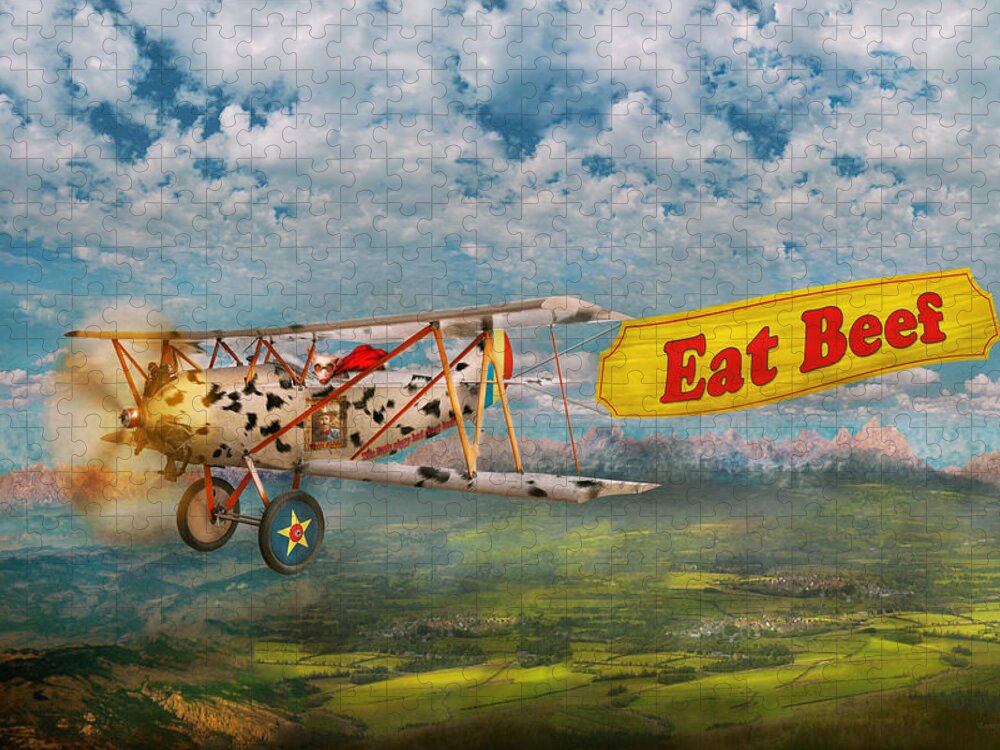 Self Jigsaw Puzzle featuring the digital art Flying Pigs - Plane - Eat Beef by Mike Savad