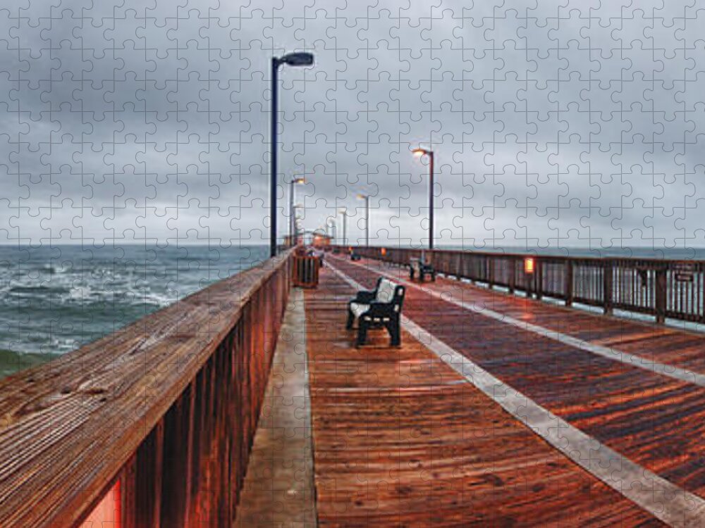 Palm Jigsaw Puzzle featuring the digital art Foggy Pier by Michael Thomas