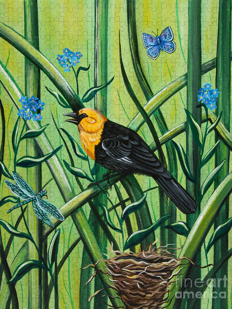 Yellow Headed Blackbird Jigsaw Puzzle featuring the painting For Get Me Not by Jennifer Lake