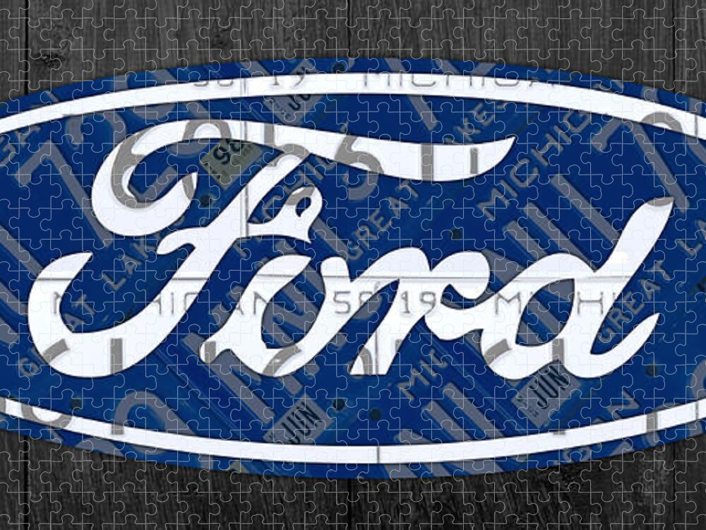 Ford Jigsaw Puzzle featuring the mixed media Ford Motor Company Retro Logo License Plate Art by Design Turnpike