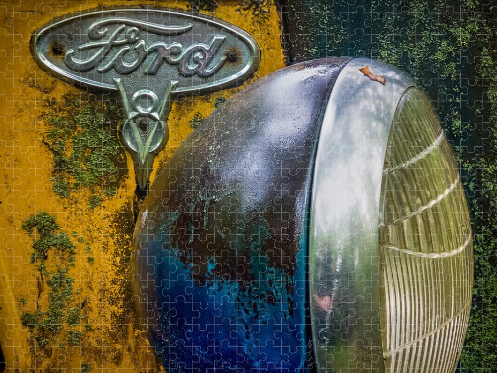 Rare Jigsaw Puzzle featuring the photograph Ford V8 emblem by Paul Freidlund