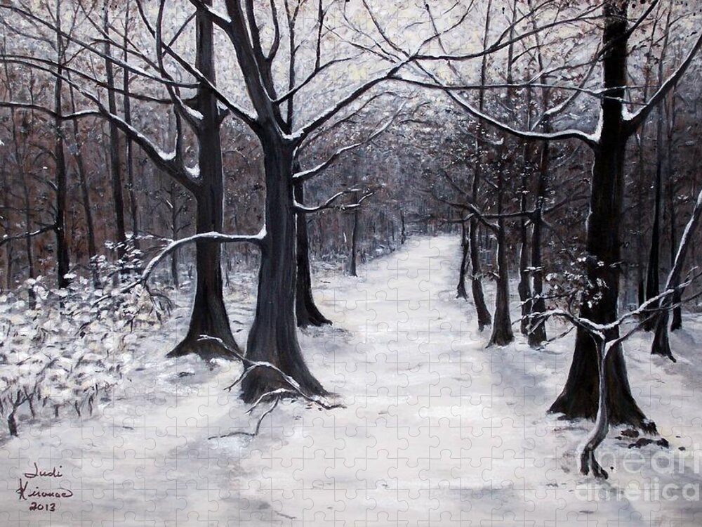 Winter Jigsaw Puzzle featuring the painting Forest Path in Winter by Judy Kirouac