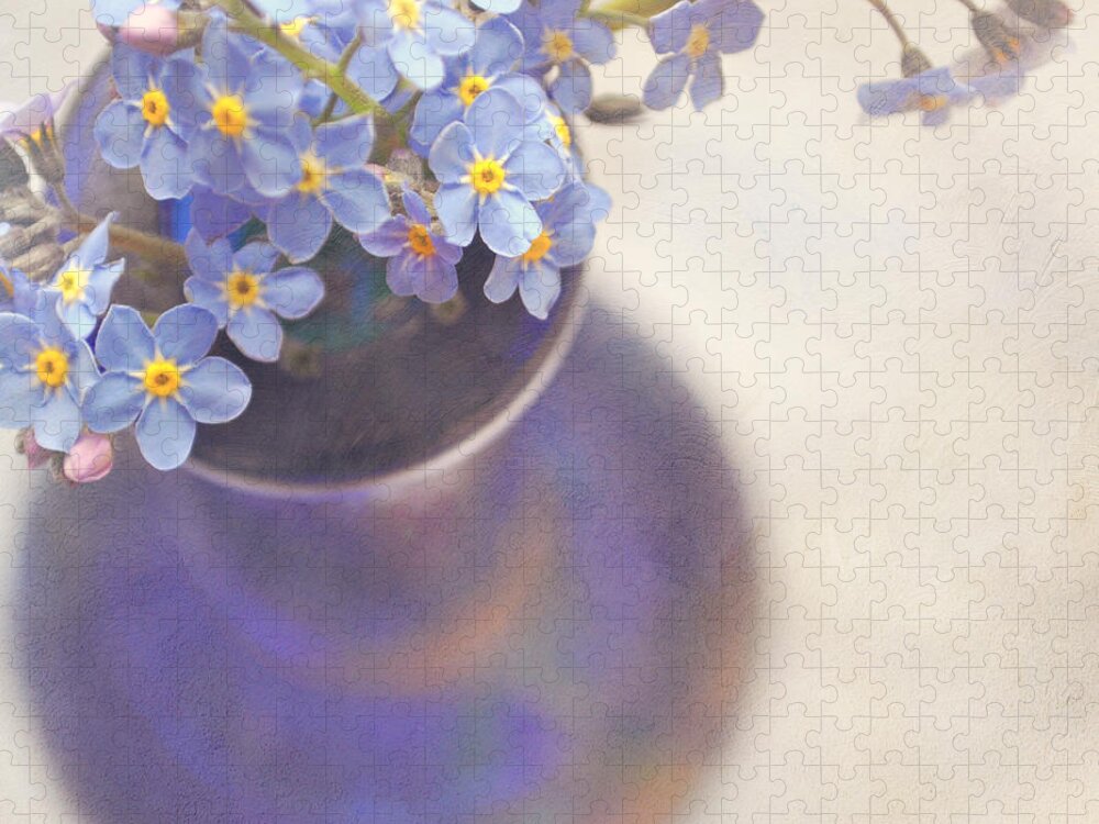 Flowers Jigsaw Puzzle featuring the photograph Forget me nots in blue vase by Lyn Randle