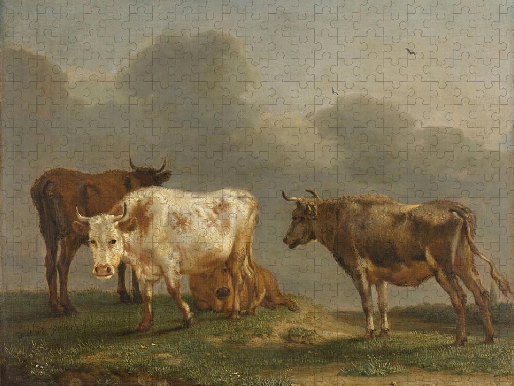 Potter Jigsaw Puzzle featuring the painting Four Cows in a Meadow by Paulus Potter