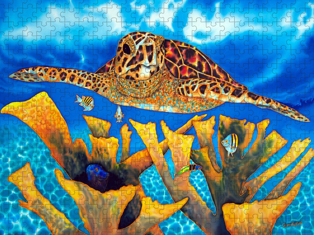 Sea Turtle Jigsaw Puzzle featuring the painting Friendly Hawksbill Sea Turtle by Daniel Jean-Baptiste