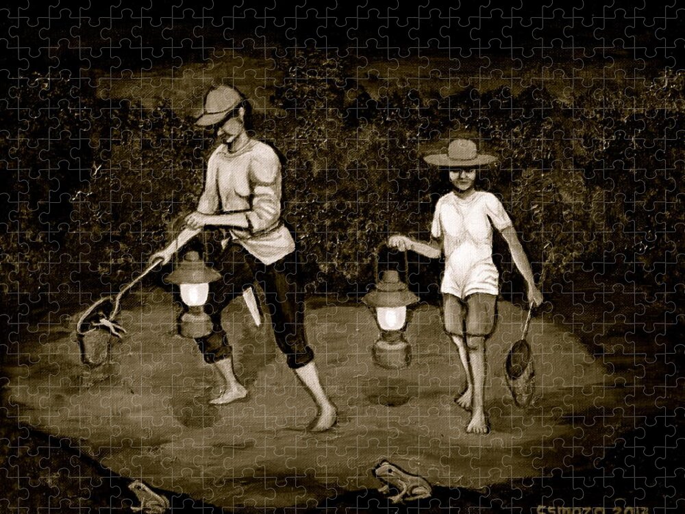 Frog Hunters Jigsaw Puzzle featuring the painting Frog Hunters Black and White Photograph Version by Cyril Maza