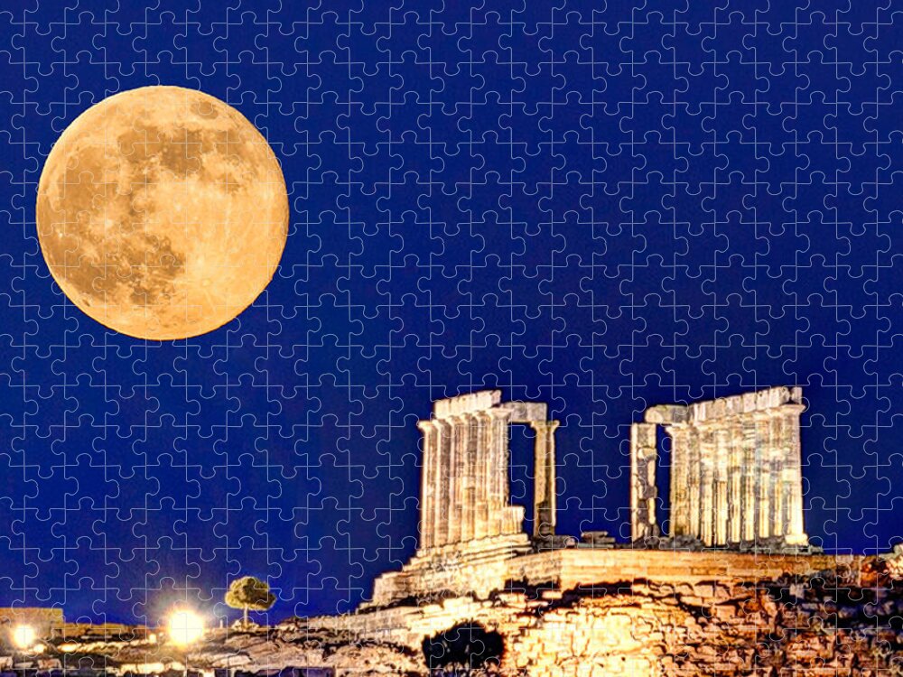 Aegean Jigsaw Puzzle featuring the photograph Fullmoon rise at Sounio - Greece by Constantinos Iliopoulos