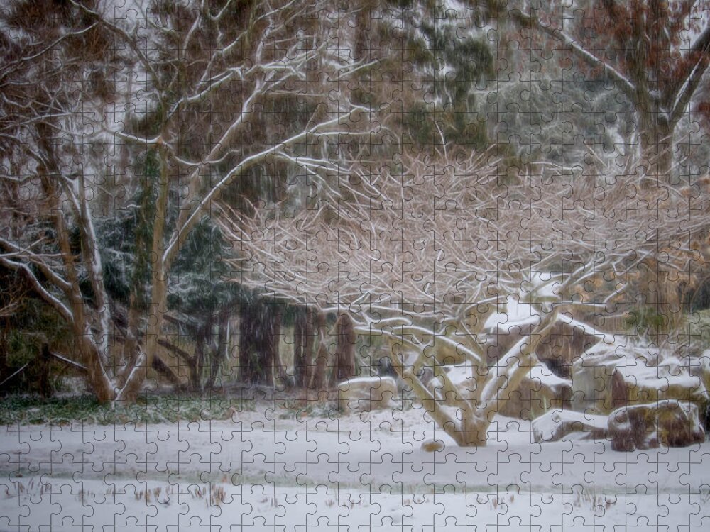 Sayen Jigsaw Puzzle featuring the photograph Garden Scene During Winter Snow at Sayen Gardens 2 by Beth Venner