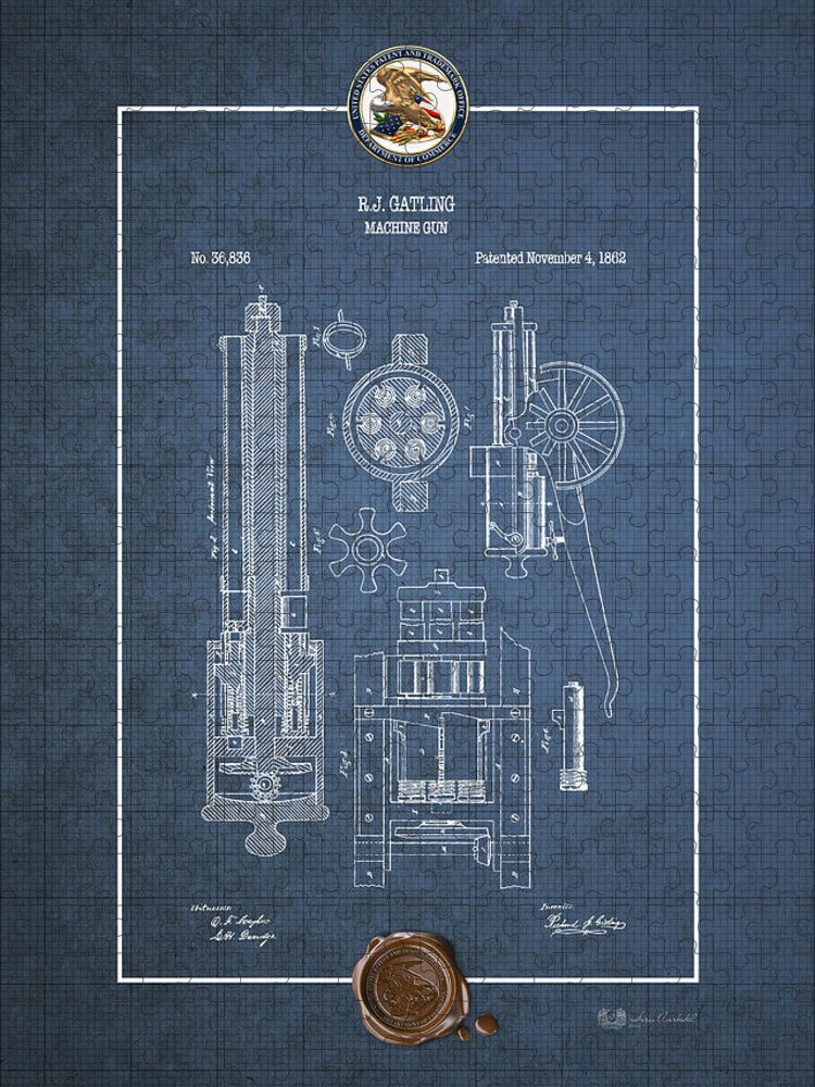 C7 Vintage Patents Weapons And Firearms Jigsaw Puzzle featuring the digital art Gatling Machine Gun - Vintage Patent Blueprint by Serge Averbukh