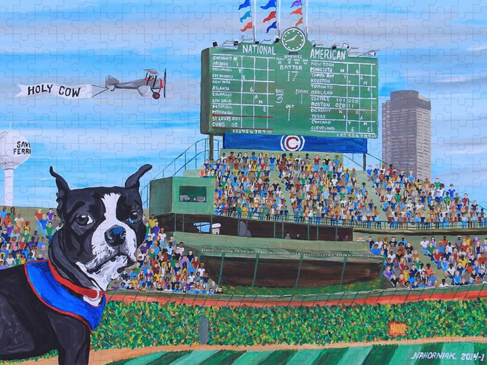 Landscape Jigsaw Puzzle featuring the painting Geno at Wrigley 2014 by Mike Nahorniak