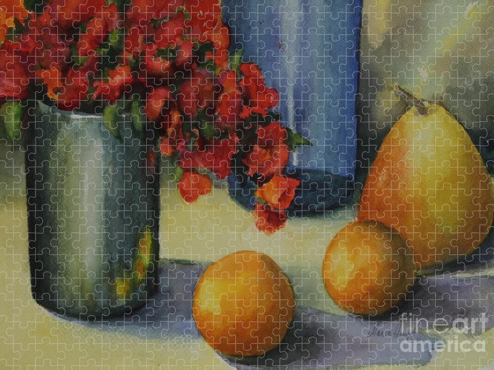 Pewter Vase Jigsaw Puzzle featuring the photograph Geraniums with Pear and Oranges by Maria Hunt