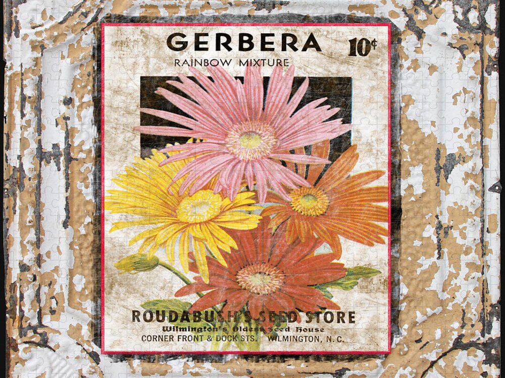 Tin Tile Jigsaw Puzzle featuring the digital art Gerbera on Vintage Tin by Jean Plout