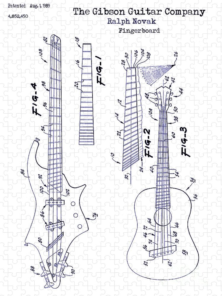 Gibson Guitar Patent Blueprint Jigsaw Puzzle featuring the drawing Gibson Guitar Patent Blueprint by Jon Neidert