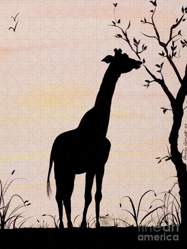 Giraffe Jigsaw Puzzle featuring the painting Giraffe silhouette painting by Carolyn Bennett by Simon Bratt