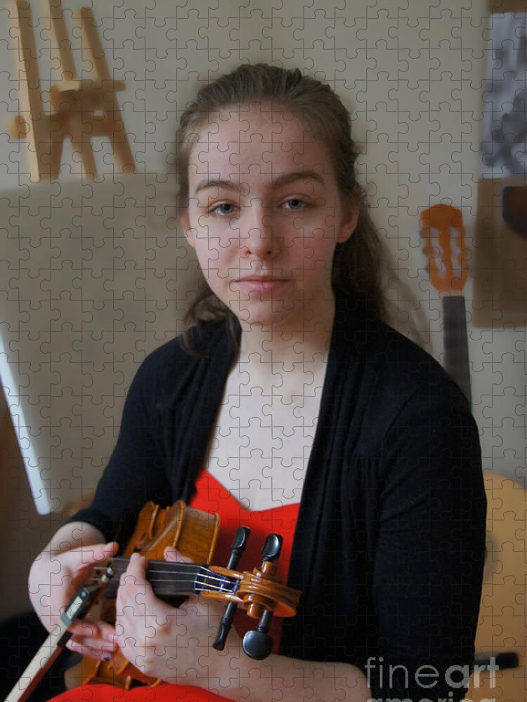 Red And Black Jigsaw Puzzle featuring the photograph Girl in red and black with a violin by Elena Perelman