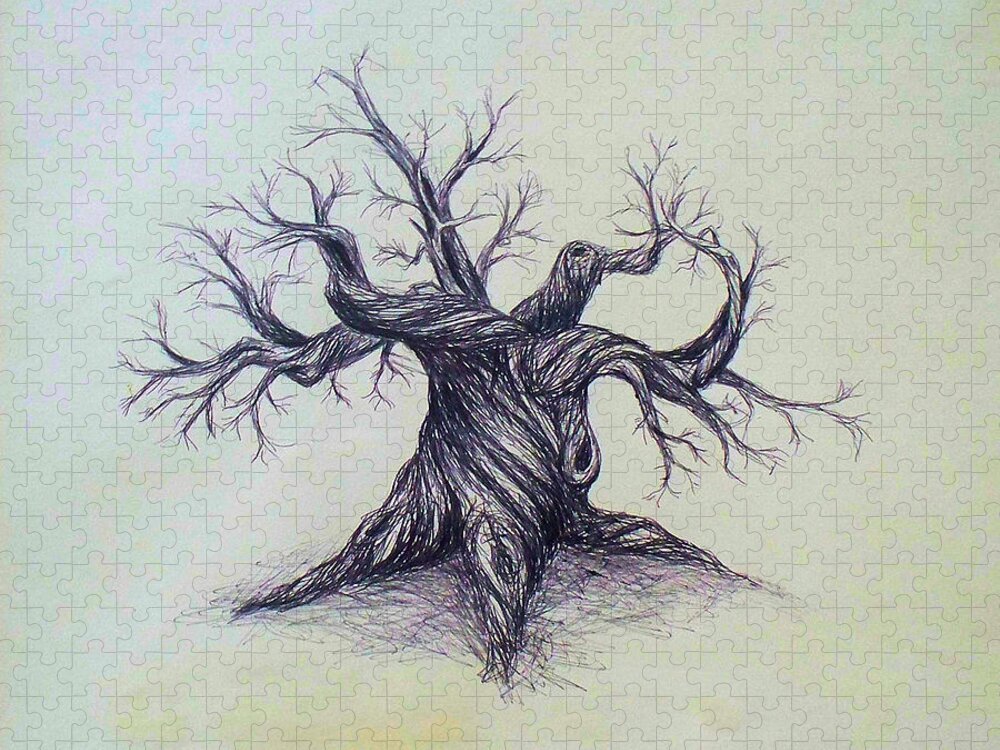 Gnarled Tree Pen Ink Paper Austin Texas Jigsaw Puzzle featuring the drawing Gnarled Tree by Troy Caperton