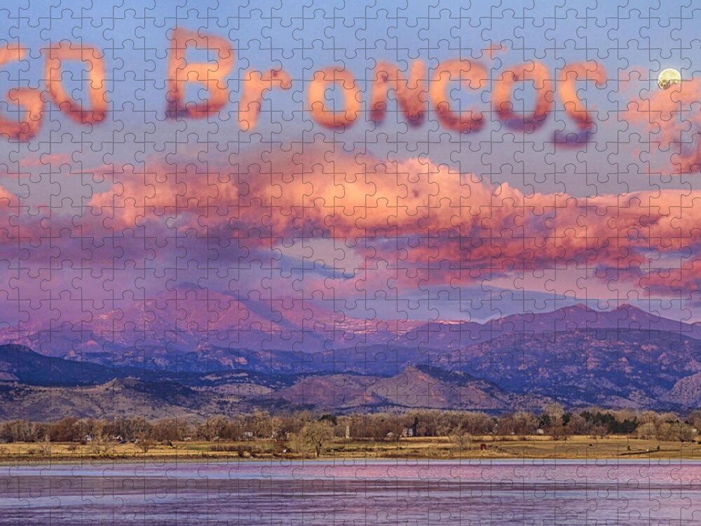 Go Broncos Jigsaw Puzzle featuring the photograph Go Broncos Colorado Front Range Longs Moon Sunrise by James BO Insogna