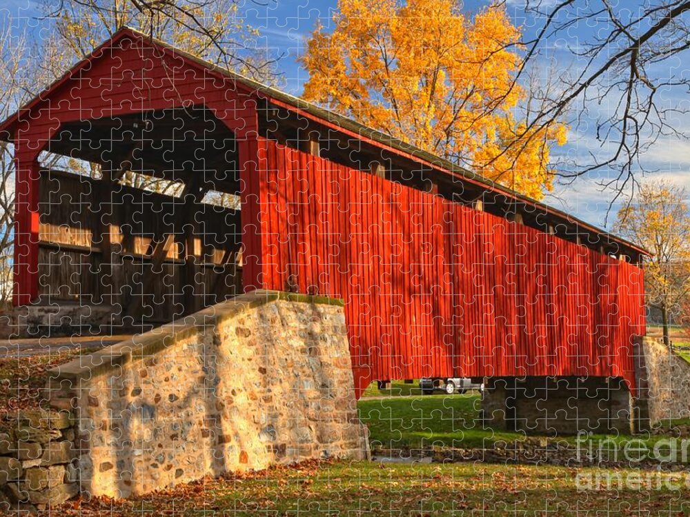 Poole Forge Covered Bridge Jigsaw Puzzle featuring the photograph Gold Above The Poole Forge Covered Bridge by Adam Jewell