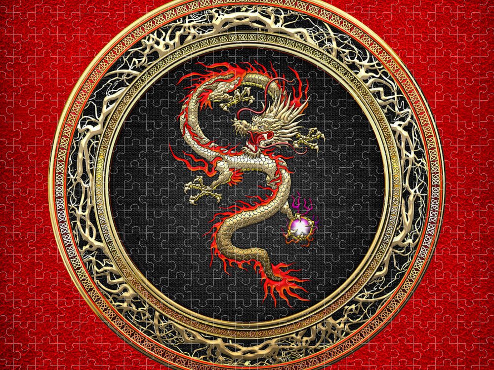 'treasure Trove' By Serge Averbukh Jigsaw Puzzle featuring the digital art Golden Chinese Dragon Fucanglong by Serge Averbukh