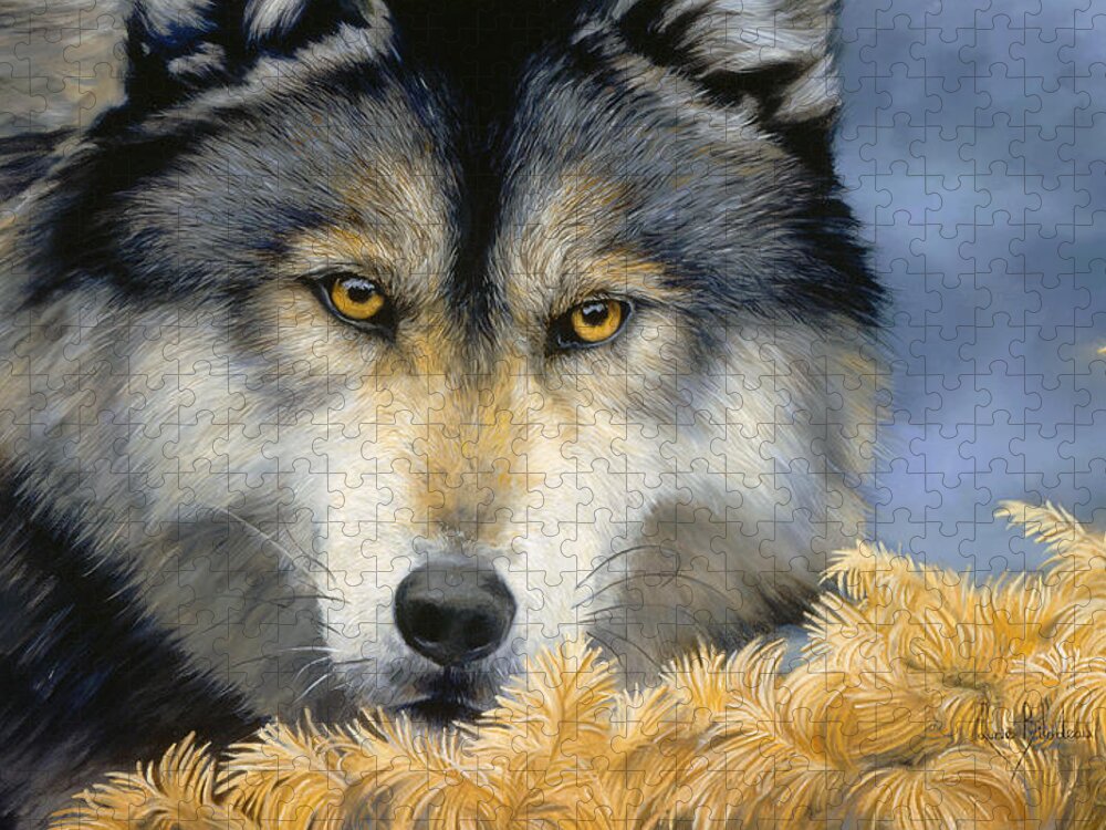 Wolf Puzzle featuring the painting Golden Eyes by Lucie Bilodeau