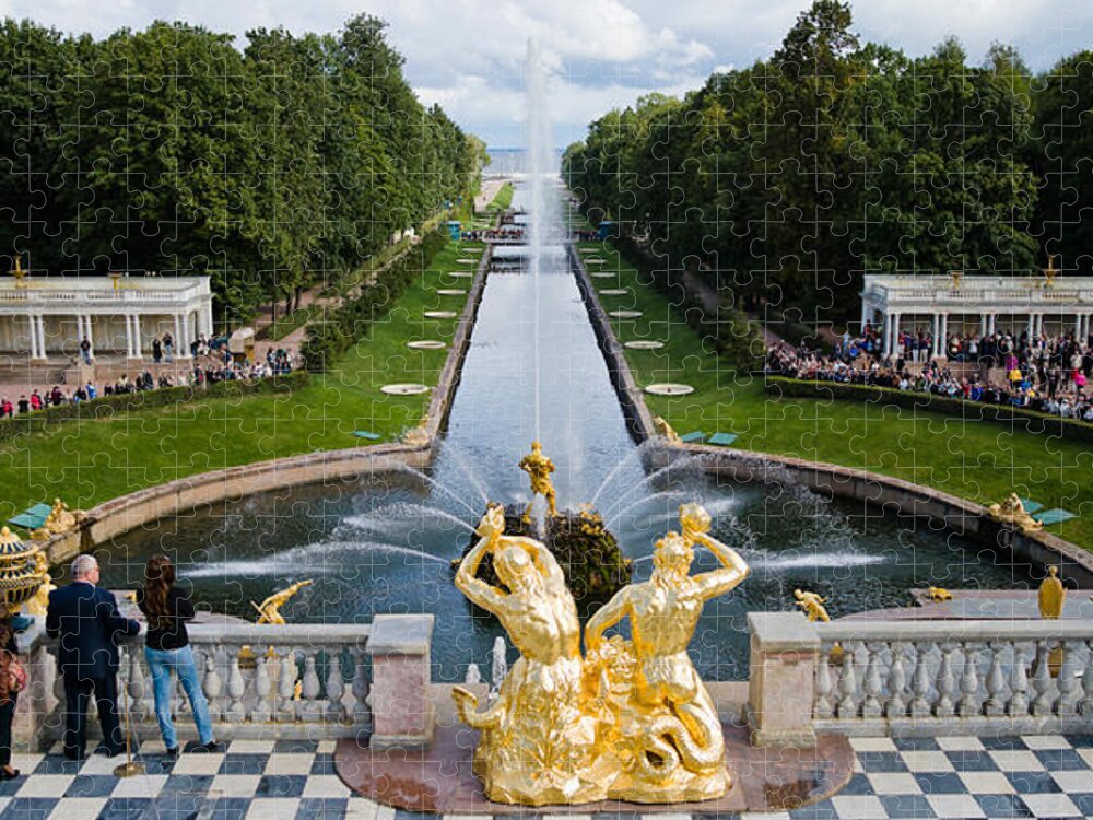 Photography Jigsaw Puzzle featuring the photograph Golden Statue And Fountain At Grand by Panoramic Images