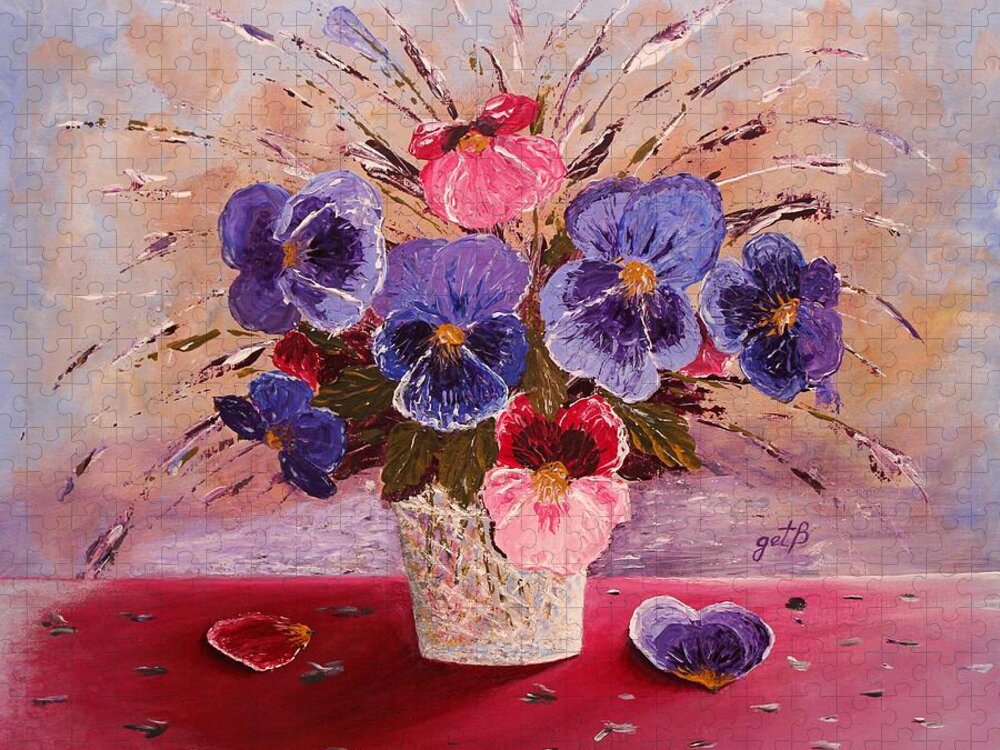 Pansy Jigsaw Puzzle featuring the painting Gorgeous Pansies original palette knife painting by Georgeta Blanaru