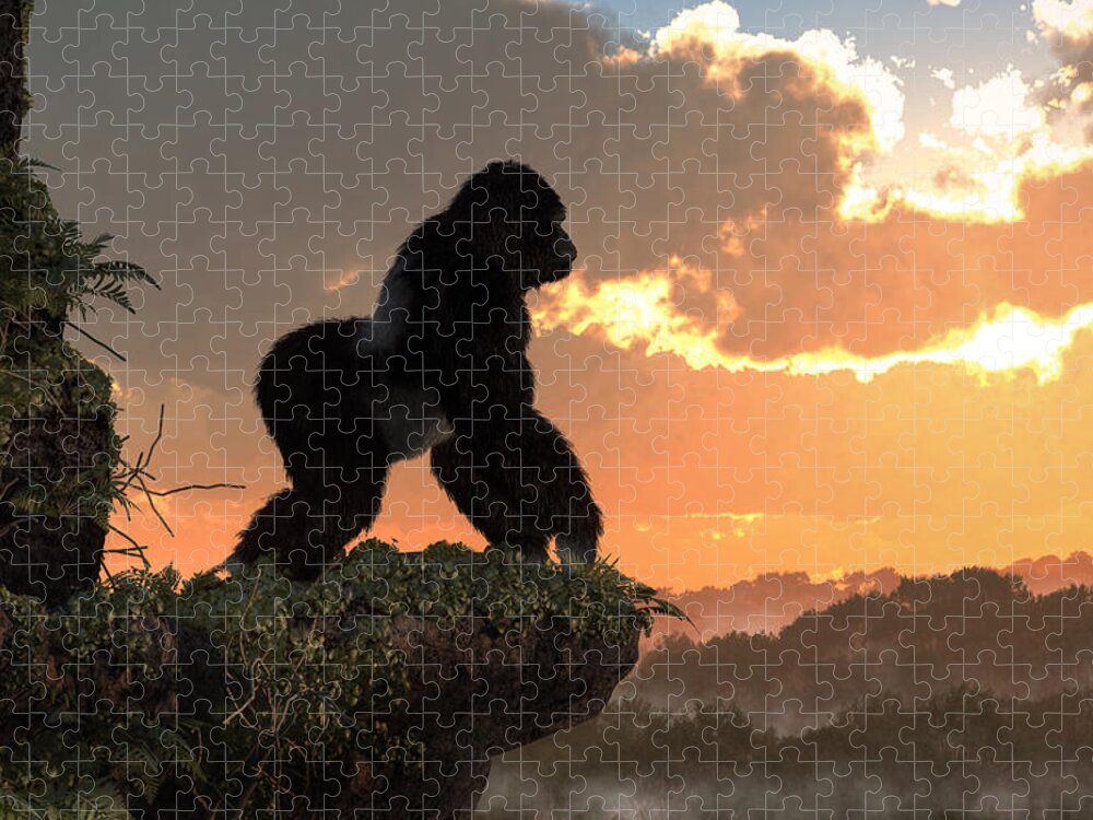 Gorilla Jigsaw Puzzle featuring the digital art Gorilla Sunset by Daniel Eskridge